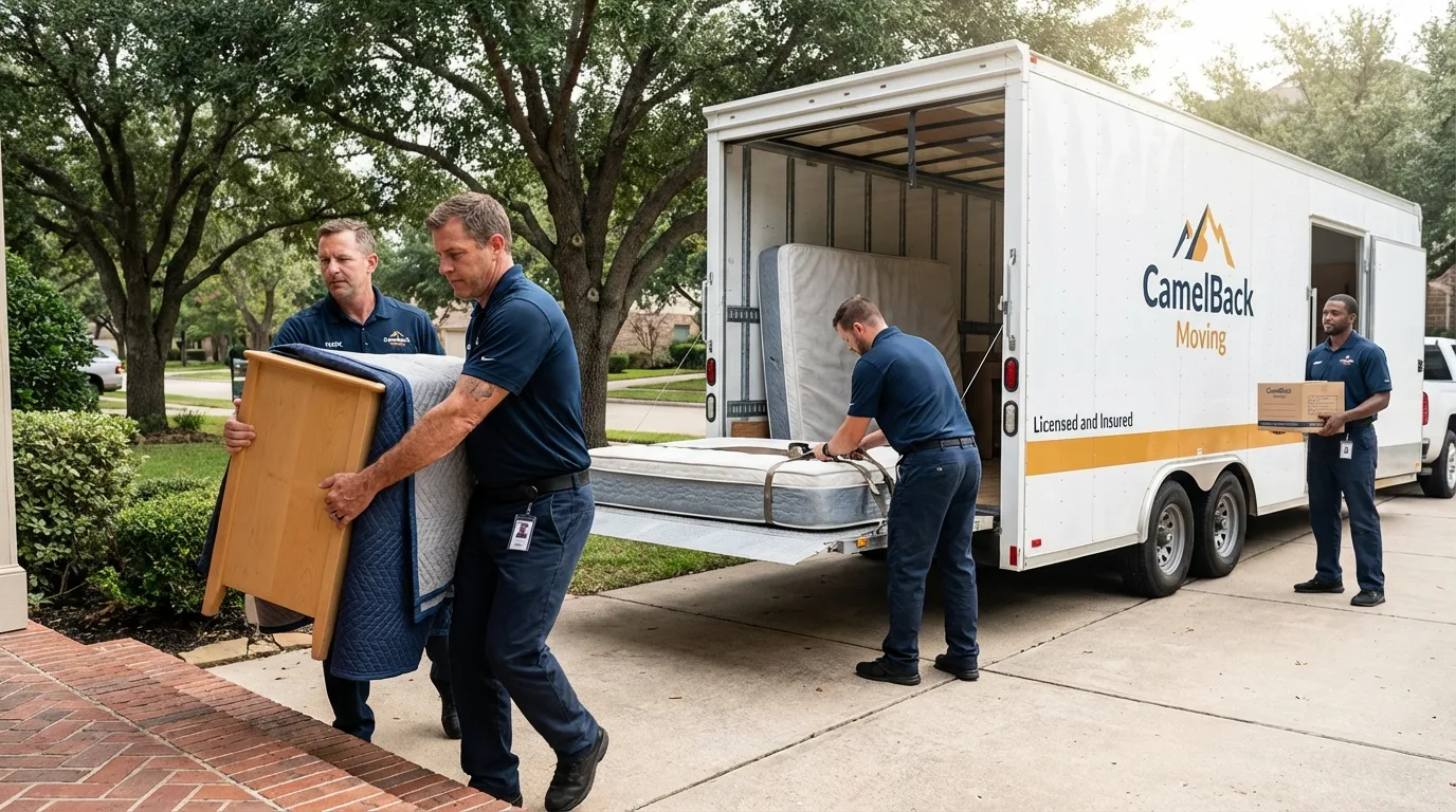 Crew loading residential truck for cross-state move from Preston, ID