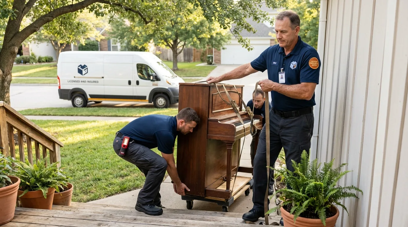 Licensed piano movers securing grand piano in Preston, ID