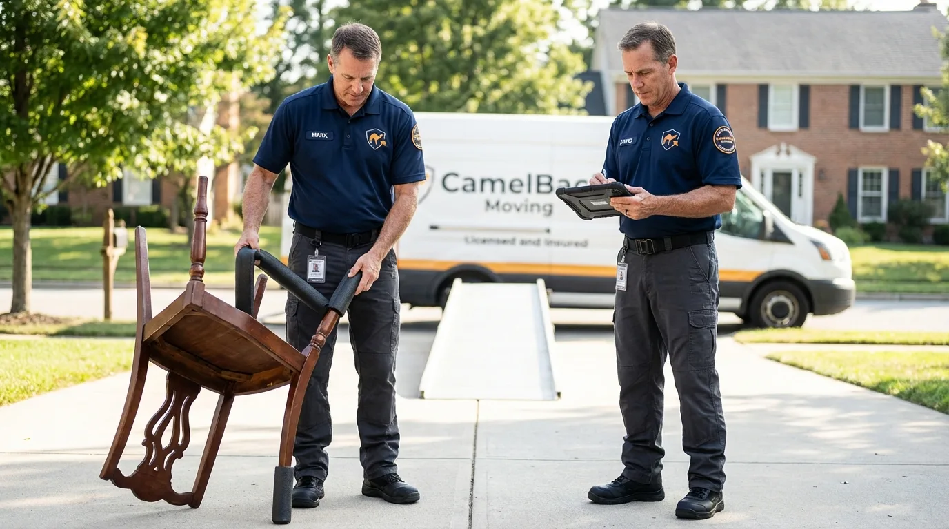 Movers inspecting furniture for damage prevention before loading in Preston, ID