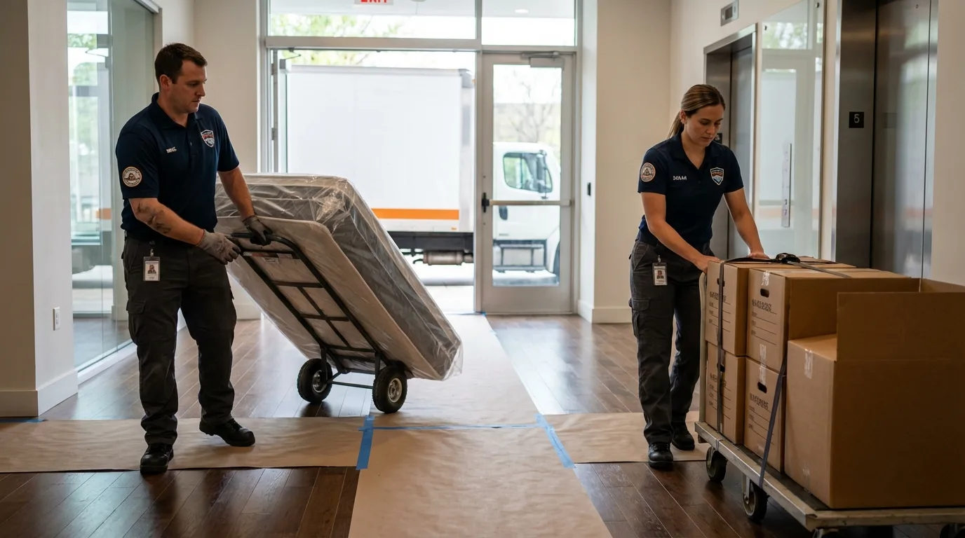 Professional apartment movers loading elevator in Preston, ID
