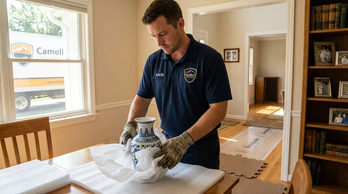 Professional crew carefully wrapping antique vase for senior downsizing move in Preston, ID